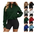 thumbnail image 1 of Women's Quarter Zip Cropped Sweatshirt Solid Color Stand Collar Long Sleeve Casual Pullover Tops Drawstring Hem Hoodless Sweatshirt with Side Pockets, 1 of 6