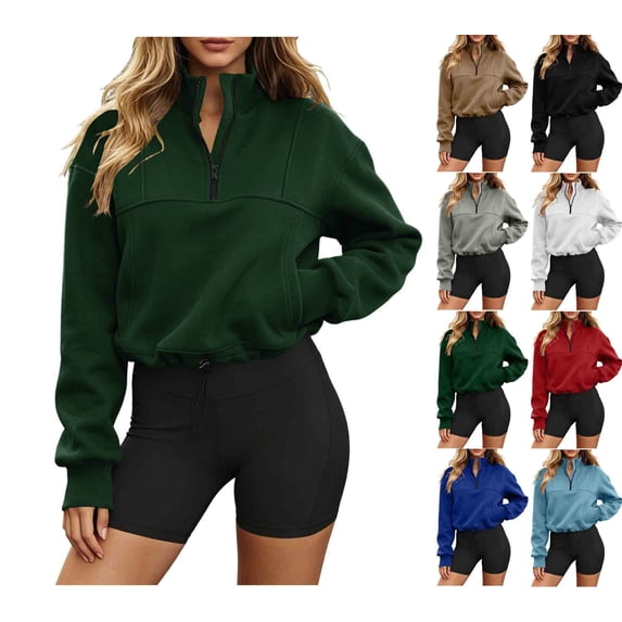 Women's Quarter Zip Cropped Sweatshirt Solid Color Stand Collar Long Sleeve Casual Pullover Tops Drawstring Hem Hoodless Sweatshirt with Side Pockets