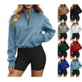 thumbnail image 1 of Women's Quarter Zip Cropped Sweatshirt Solid Color Stand Collar Long Sleeve Casual Pullover Tops Drawstring Hem Hoodless Sweatshirt with Side Pockets, 1 of 6
