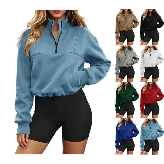 Women's Quarter Zip Cropped Sweatshirt Solid Color Stand Collar Long Sleeve Casual Pullover Tops Drawstring Hem Hoodless Sweatshirt with Side Pockets