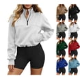 thumbnail image 1 of Women's Quarter Zip Cropped Sweatshirt Solid Color Stand Collar Long Sleeve Casual Pullover Tops Drawstring Hem Hoodless Sweatshirt with Side Pockets, 1 of 6