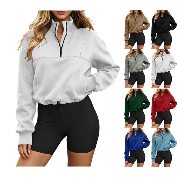 Women's Quarter Zip Cropped Sweatshirt Solid Color Stand Collar Long Sleeve Casual Pullover Tops Drawstring Hem Hoodless Sweatshirt with Side Pockets
