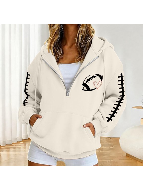 Women’s Quarter Zip Hoodie, Oversized Gameday Football Graphic Sweatshirt with Kangaroo Pocket, Drop Shoulder Athletic Pullover Top Beige L