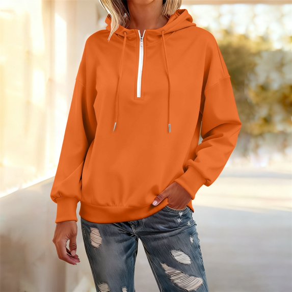 Women's Quarter Zip Hoodie, Soft Pullover Sweatshirt with Adjustable Hood, Long Sleeve Casual Streetwear for Everyday, Solid Color Comfortable Hooded Top for Women, Trendy Zip Up Design Orange