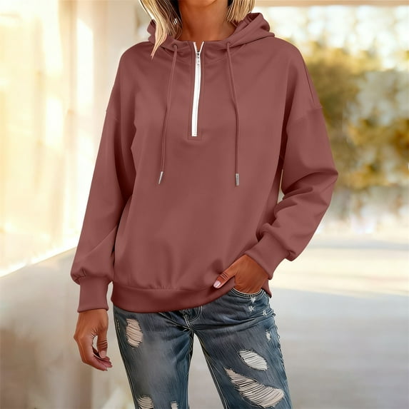 Women's Quarter Zip Hoodie, Soft Pullover Sweatshirt with Adjustable Hood, Long Sleeve Casual Streetwear for Everyday, Solid Color Comfortable Hooded Top for Women, Trendy Zip Up Design Brick Red