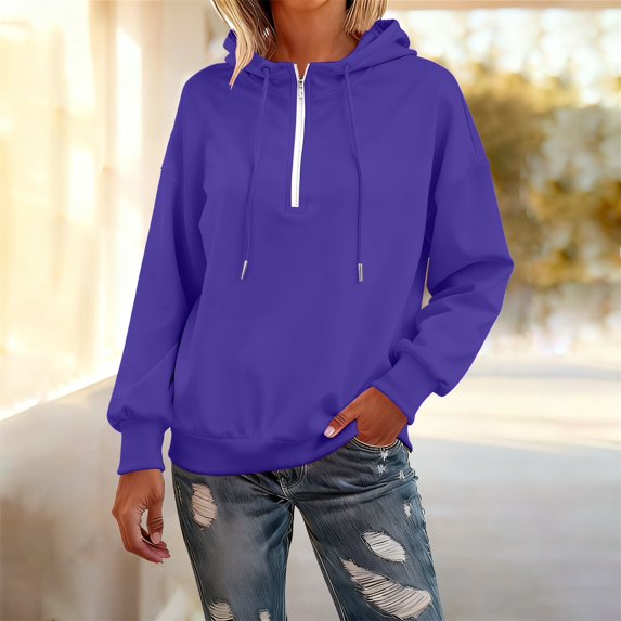 Women's Quarter Zip Hoodie, Soft Pullover Sweatshirt with Adjustable Hood, Long Sleeve Casual Streetwear for Everyday, Solid Color Comfortable Hooded Top for Women, Trendy Zip Up Design Purple