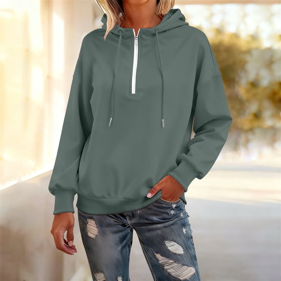 Women's Quarter Zip Hoodie,Soft Pullover Sweatshirt with Adjustable Hood,Long Sleeve Casual Streetwear for Everyday, Solid Color Comfortable Hooded Top for Women, Trendy Zip Up Design Blackish Green