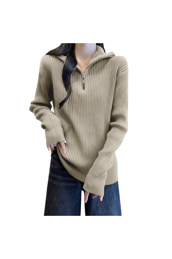 Women's Quarter Zip Knit Pullover V Neck Sweaters Henley Lapel Jumper Long Sleeve Clothes Casual Fit Tops Shirts Fleece Soft Outwear Preppy Stylish Dressy Workwear