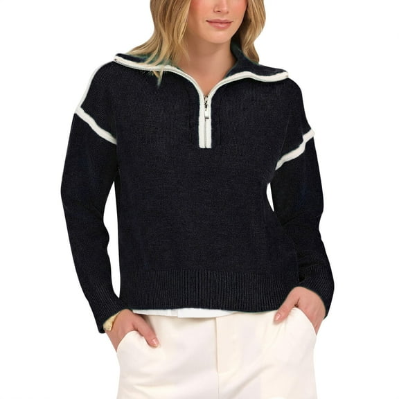 Women's Quarter Zip Knit Sweater 2025, Fall Long Sleeve V Neck Collared Pullover, Business Casual Tops for Office Wear, Outdoor Travel and Daily Comfort Black A