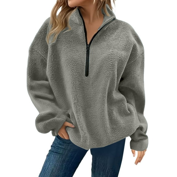 Women's Quarter Zip Plush Fleece Sweatshirt, Plus Size Oversized Long Sleeve Pullover Top with Soft Solid Color Design for Winter Warmth, Casual Comfort Wear and Street Fashion Grey XXL