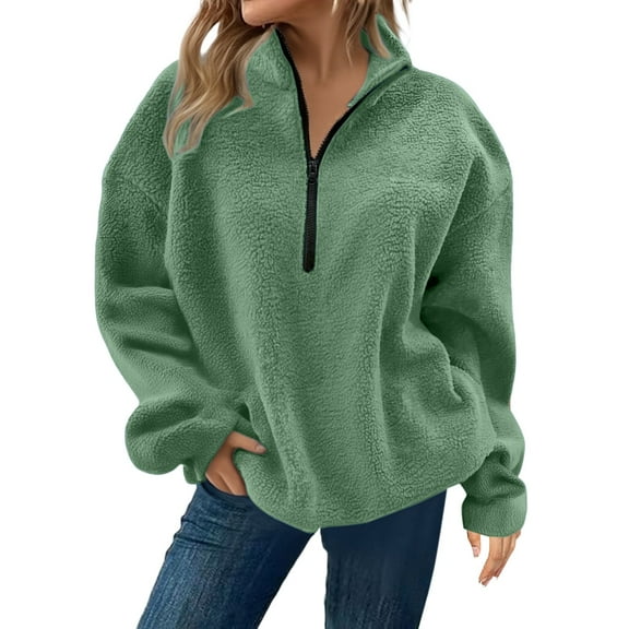 Women's Quarter Zip Plush Fleece Sweatshirt, Plus Size Oversized Long Sleeve Pullover Top with Soft Solid Color Design for Winter Warmth, Casual Comfort Wear and Street Fashion Green XXL
