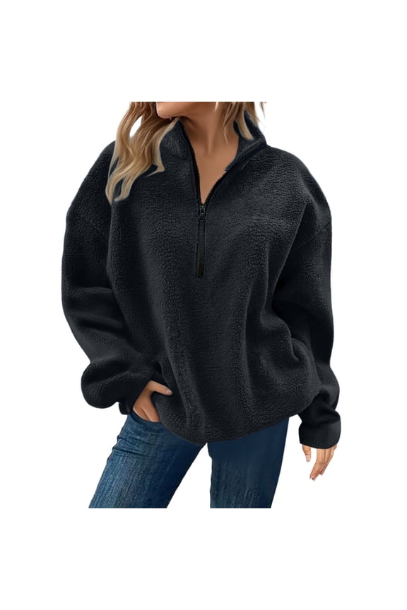 Women's Quarter Zip Plush Fleece Sweatshirt, Plus Size Oversized Long Sleeve Pullover Top with Soft Solid Color Design for Winter Warmth, Casual Comfort Wear and Street Fashion Black XL