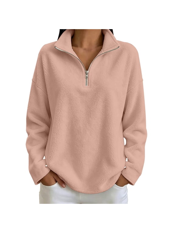 Women's Quarter Zip Plush Pullover, Stand Collar Fuzzy Sweatshirt for Women,Oversized Long Sleeve Half Zipper Sweater,Soft Lightweight Warm Casual Loose Top, Fall Winter Work Leisure Pullover Pink