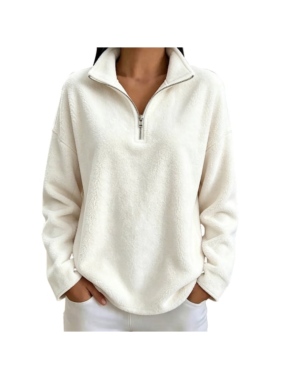 Women's Quarter Zip Plush Pullover, Stand Collar Fuzzy Sweatshirt for Women,Oversized Long Sleeve Half Zipper Sweater,Soft Lightweight Warm Casual Loose Top, Fall Winter Work Leisure Pullover Beige