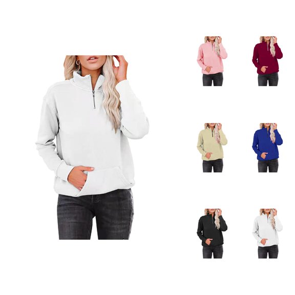 Women's Quarter Zip Pullover 2025 Fall Winter Long Sleeve Fashion Collared Basic Sweatshirt Pullover with Pockets