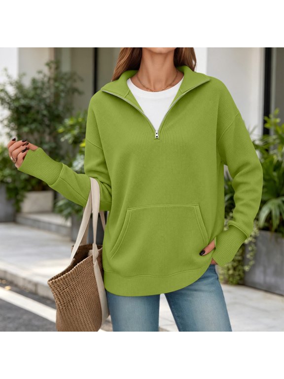 Women's Quarter Zip Pullover Sweater Waffle Knit Half Zip Sweatshirt Long Sleeve Drop Shoulder Tops with Kangaroo Pocket Slouchy Casual Fall Clothes