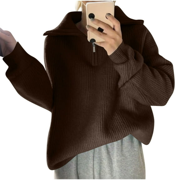 Women's Quarter Zip Ribbed Sweater V-Neck Collar Oversized Knit Pullover for Fall & Winter Coffee Free Size