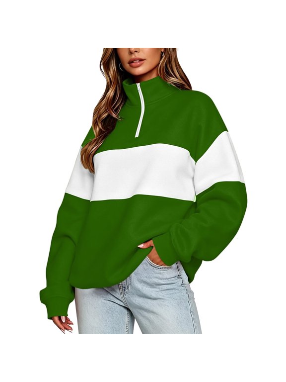 Women’s Quarter Zip Sweatshirt, Long Sleeve Color Block Pullover Casual Loose Fit Stand Collar Top for Everyday Wear