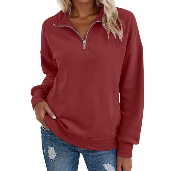 Women's Quarter Zip Sweatshirts Oversized Long Sleeve Collared Solid Blouses Lightweight Fall Trendy Casual Tops with Pocket