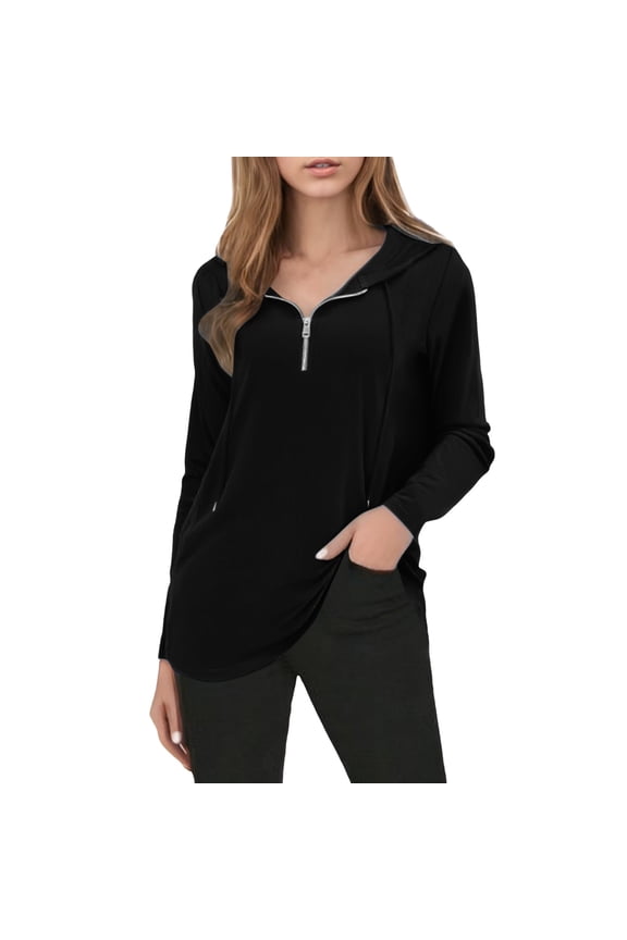Women's Quarter Zip Tunic Hoodie, Long Sleeve, Pullover Style, Loose Fit, Drawstring Hood, S-2XL
