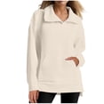 thumbnail image 1 of Women's Quarter Zip Tunic Sweatshirts Fashion Lapel Ribbed Knit Shirts Long Sleeve Pullover Casual Tops with Pockets (L, Beige), 1 of 8