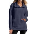 thumbnail image 1 of Women's Quarter Zip Tunic Sweatshirts Fashion Lapel Ribbed Knit Shirts Long Sleeve Pullover Casual Tops with Pockets (M, Navy), 1 of 8