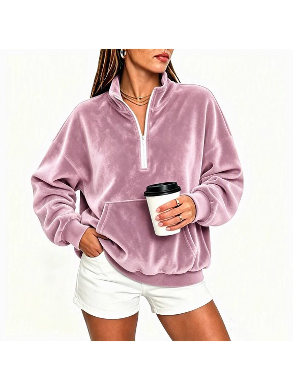 Women's Quarter Zip Velour Pullover Sweatshirt, Stand Collar Long Sleeve Casual Tops with Kangaroo Pocket, Loose Soft Velvet Loungewearfor Daily Wear S