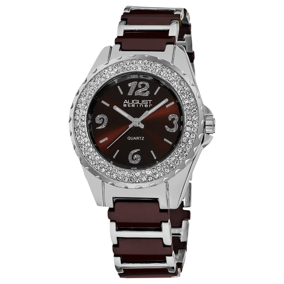 Women's Quartz Crystal Studded Bezel Ceramic Link Brown Bracelet Watch