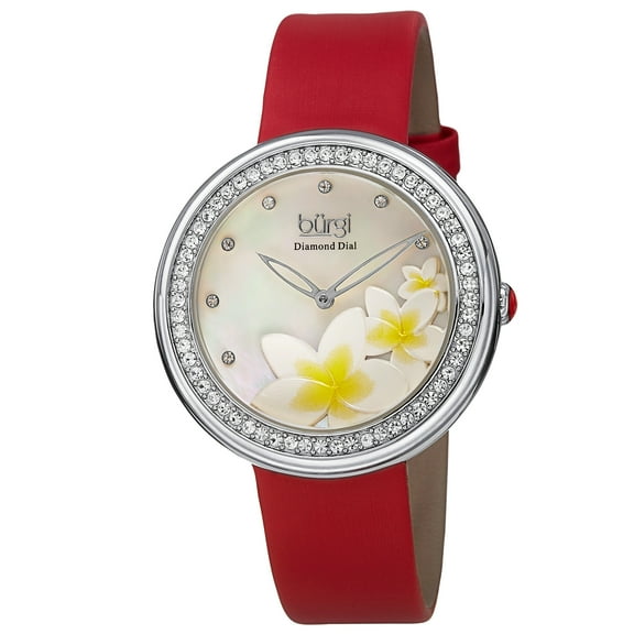 Women's Quartz Diamond Floral Plumeria Design Red Strap Watch