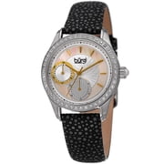 Womens Quartz Multifunction Crystal Leather Black Strap Watch