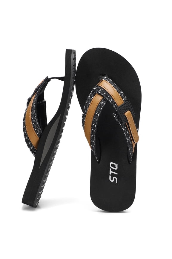 TEAHOO X STQ Women's Quick Dry Beach Sandals for Vacation Flip Flops with Arch Support All Black Size 6