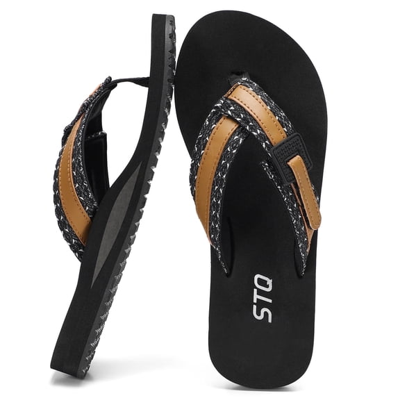 TEAHOO X STQ Women's Quick Dry Beach Sandals for Vacation Flip Flops with Arch Support All Black Size 9
