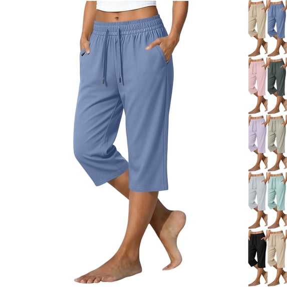 Women's Quick Dry Capri Pants Ice Silk Summer High Waisted Drawstring Active Capris Casual Lightweight Hiking Pants with Pockets,Blue 2XL