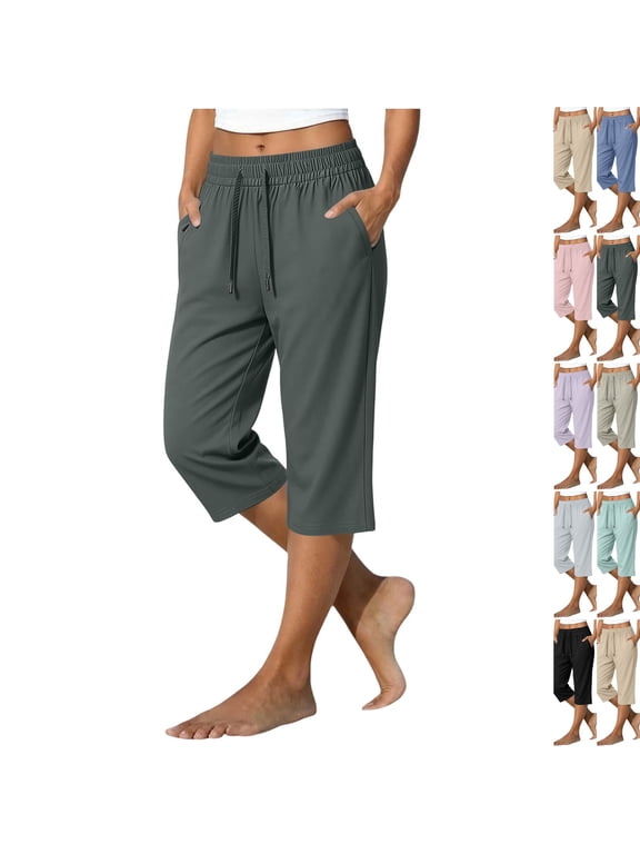 Women's Quick Dry Capri Pants Ice Silk Summer High Waisted Drawstring Active Capris Casual Lightweight Hiking Pants with Pockets,Dark Gray M