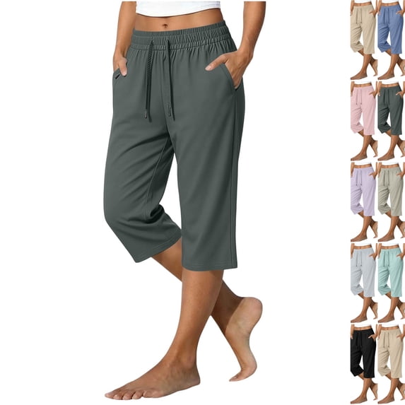 Women's Quick Dry Capri Pants Ice Silk Summer High Waisted Drawstring Active Capris Casual Lightweight Hiking Pants with Pockets,Dark Gray M