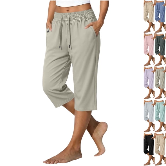 Women's Quick Dry Capri Pants Ice Silk Summer High Waisted Drawstring Active Capris Casual Lightweight Hiking Pants with Pockets,Khaki M