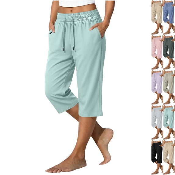 Women's Quick Dry Capri Pants Ice Silk Summer High Waisted Drawstring Active Capris Casual Lightweight Hiking Pants with Pockets,Mint Green M