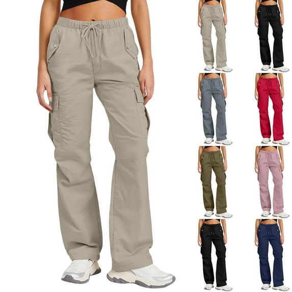 Women's Quick-Dry Cargo Pants with Adjustable Drawstring Waist, Loose Fit Wide Leg Pockets for Outdoor Casual Wear, Khaki Pant, Ladies All-Season Comfort Vacation Elastic Waistband Quickdrying Pants