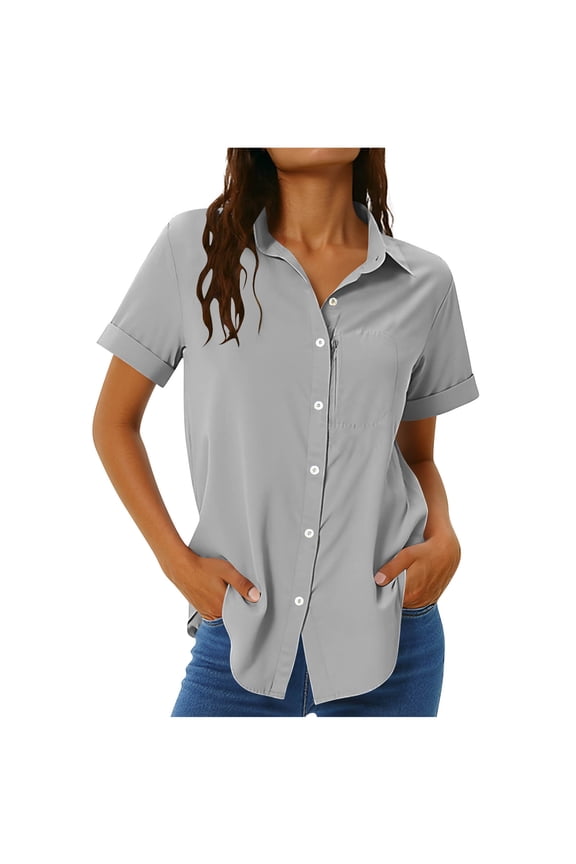Women's Quick Dry Sun Blouse Summer Oversized Short Sleeve Button Down Tops with Zip Up Pocket Gray