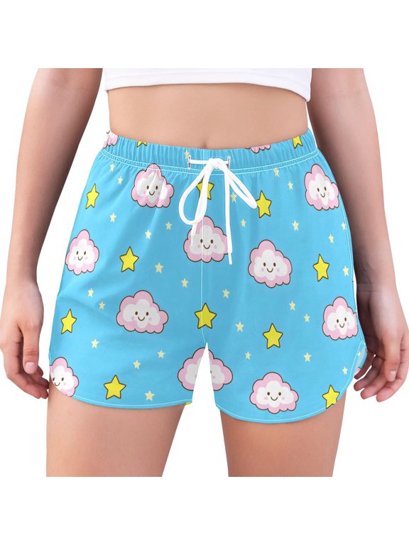Women's Quick Dry Swim Shorts Cloud White Blue Stars Abstract Water Repellent Stretch Board Shorts with Boxer Liner Summer Beach with Pockets