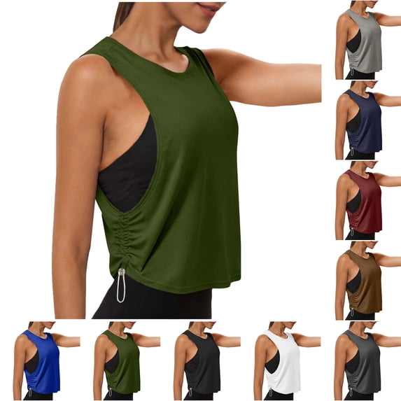 Women's Quick Dry Tank Tops with Drawstring Side Ruched Detail Large Armhole Sleeveless Yoga Running Gym Athletic Shirts, #03 Army Green M