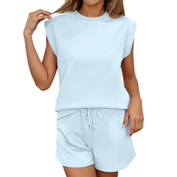 Women's Quilted 2 Piece Outfits Trendy Textured Sleeveless Crewneck Tank Top and Shorts Set 2026 Sumer Casual Soft Comfy Loose Suits