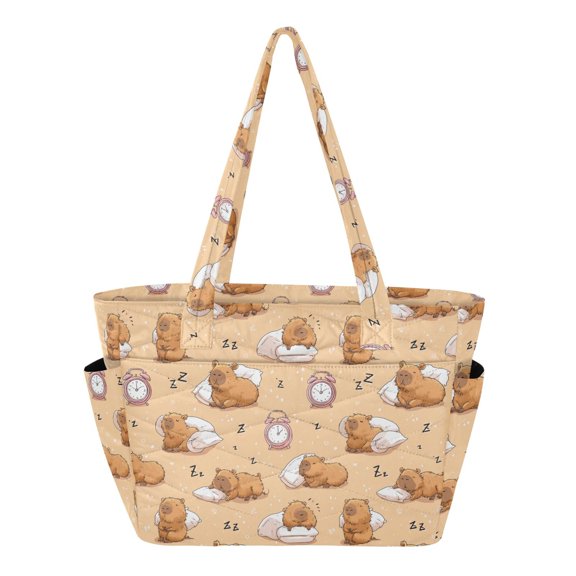 Women's Quilted Alarm Clock Capybara Tote Bag with Zipper Large Polyester Shoulder Bag with Laptop & Luggage Sleeve Cute Printed for Work School Travel