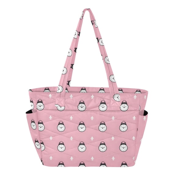 Women's Quilted Alarm Clock and Symbols Tote Bag with Zipper Large Polyester Shoulder Bag with Laptop & Luggage Sleeve Cute Printed for Work School Travel