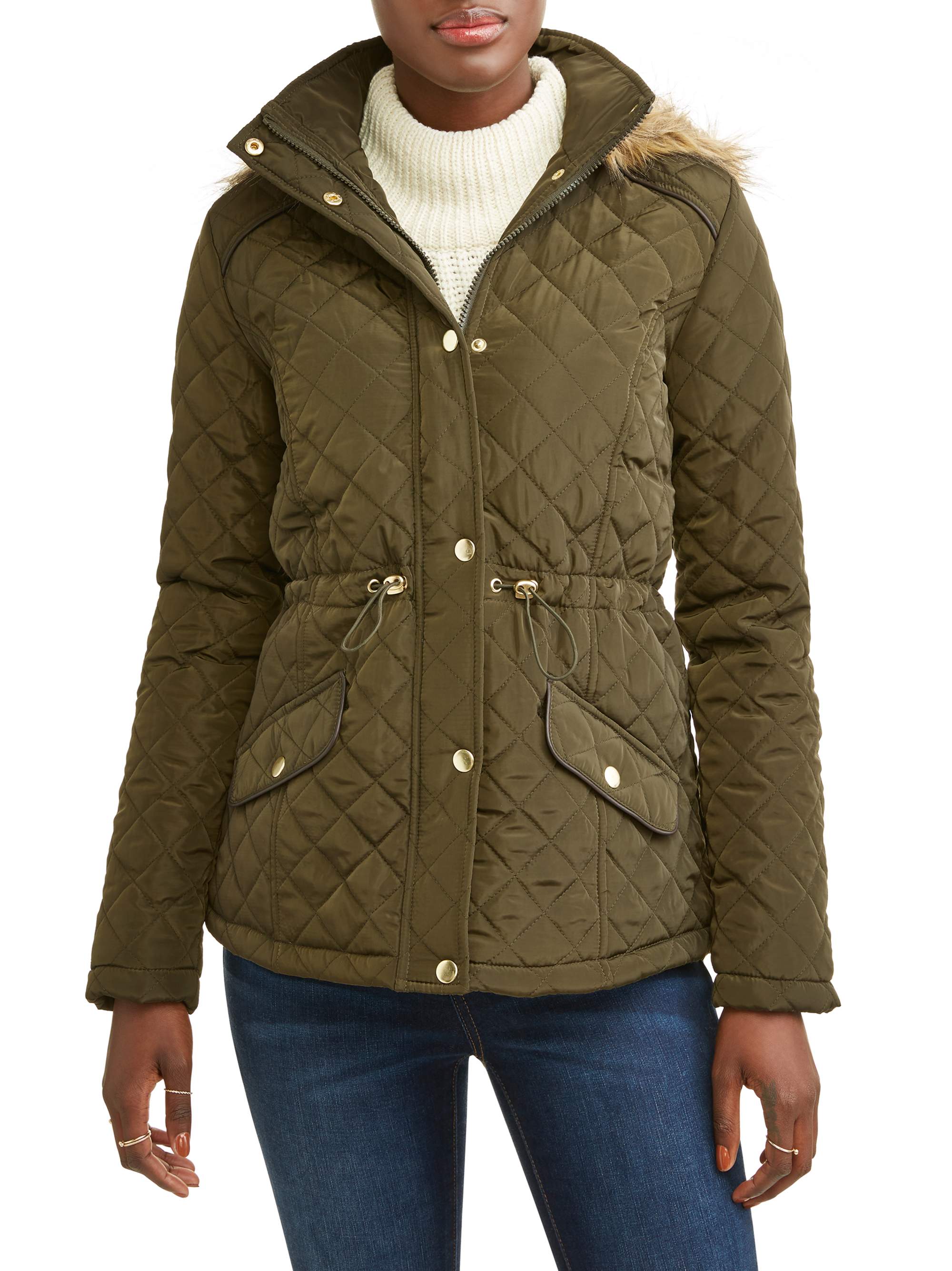 Women's Quilted Anorack With Faux Fur Hood - image 1 of 4