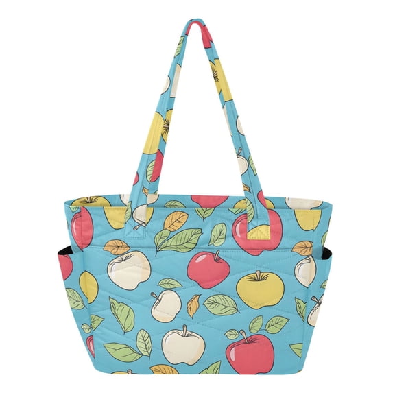 Women's Quilted Apple Tote Bag with Zipper Large Polyester Shoulder Bag with Laptop & Luggage Sleeve Cute Printed for Work School Travel