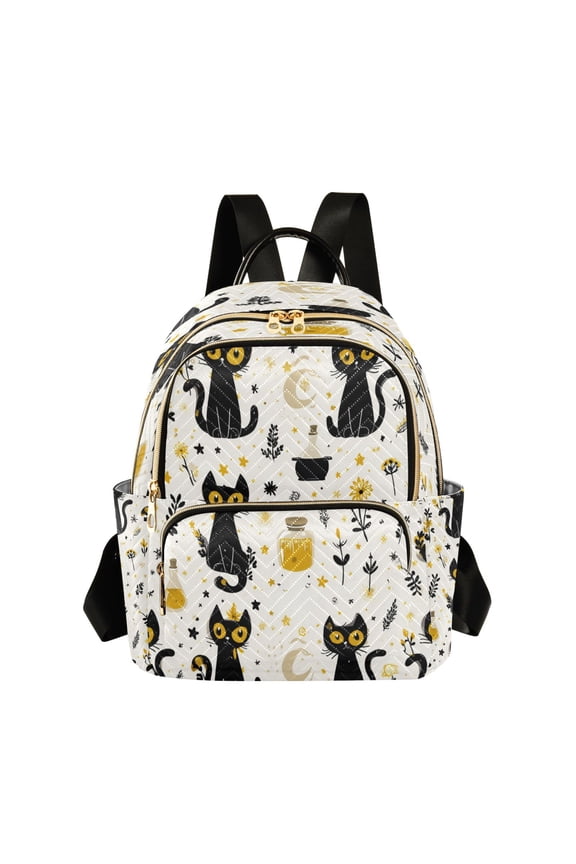 Women's Quilted Backpack Casual Knapsack Travel Daypack with Multiple Zipper Black Cat Seamless Pattern