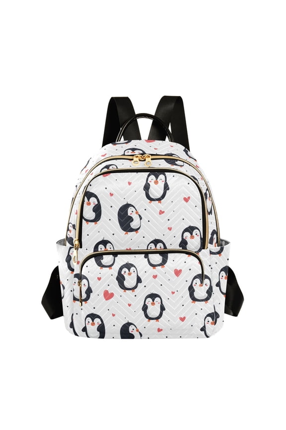 Women's Quilted Backpack Casual Knapsack Travel Daypack with Multiple Zipper Cartoon Penguin Pattern Small