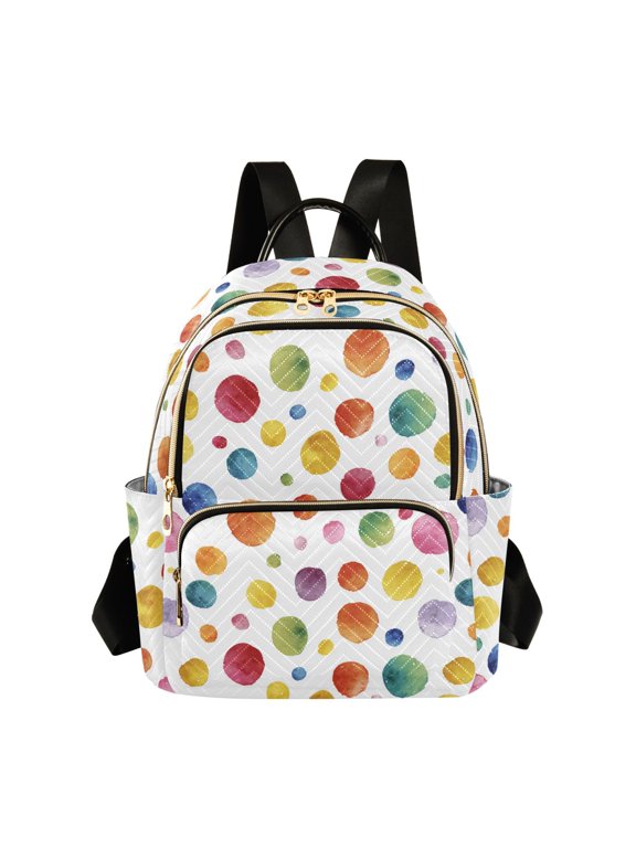 Women's Quilted Backpack Casual Knapsack Travel Daypack with Multiple Zipper Colored Watercolor Polka Dots Small