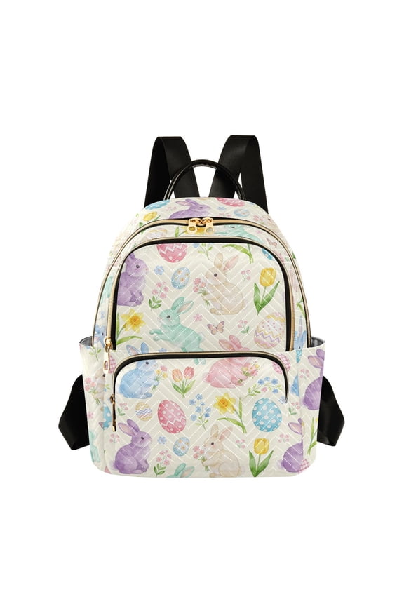 Women's Quilted Backpack Casual Knapsack Travel Daypack with Multiple Zipper Colorful Easter Bunny Pattern Small